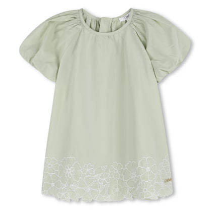 Organic Poplin Dress with Floral Embroidery and Puff Sleeves Chloe