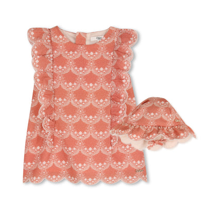 Baby Ceremony Dress And Hat Set, Organic Cotton, Jacquard Dots, Scalloped Hem Chloe