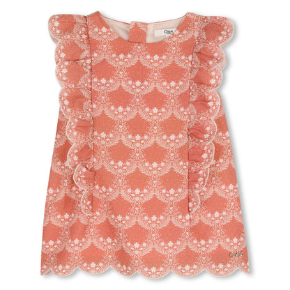 Baby Ceremony Dress And Hat Set, Organic Cotton, Jacquard Dots, Scalloped Hem Chloe