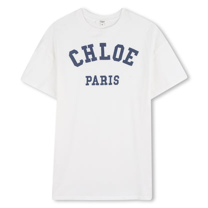 Girls Paris Applique Organic Cotton Dress in White Chloe