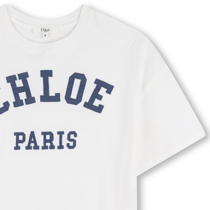 Girls Paris Applique Organic Cotton Dress in White Chloe