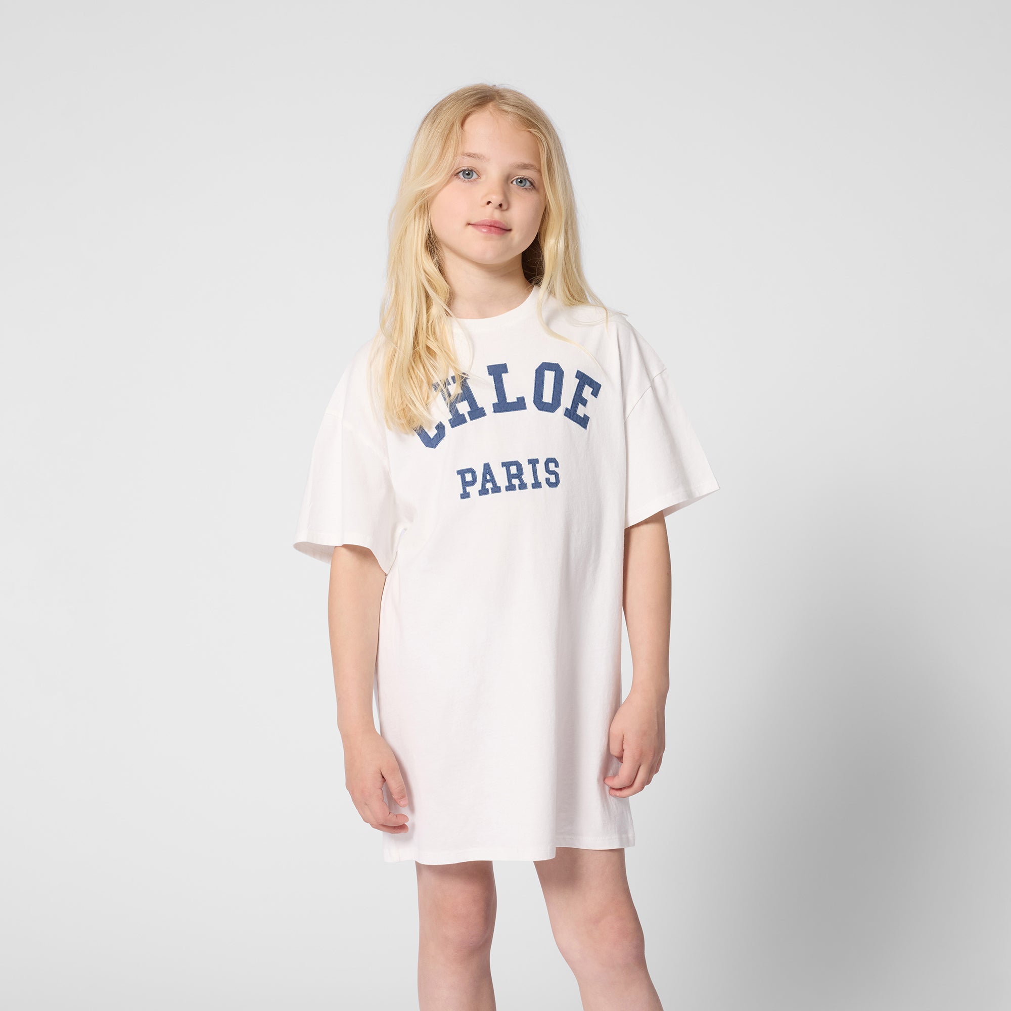 Girls Paris Applique Organic Cotton Dress in White Chloe
