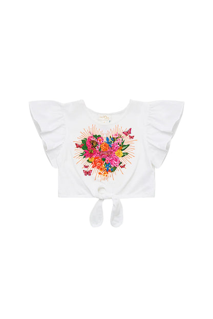 Illustration Nation Kids Tie Front Crop Tee With Frill Sleeve