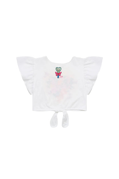 Illustration Nation Kids Tie Front Crop Tee With Frill Sleeve