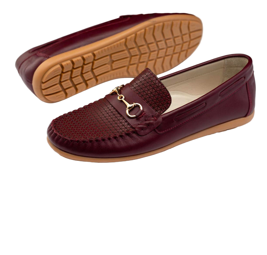 Kids Burgundy Leather Loafer With Metal Detail