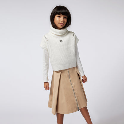 Midi Twill Skirt with Front Pleats and Zip Fastening