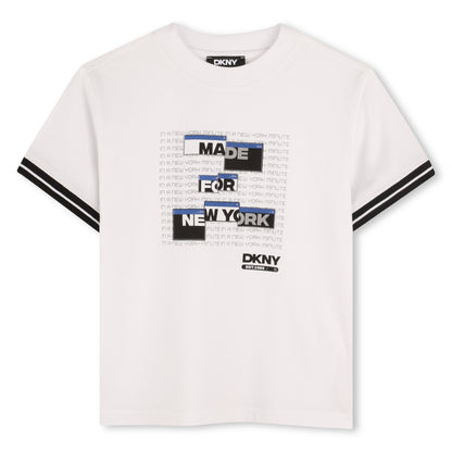 Organic Cotton Short Sleeve T-Shirt with Printed Front and Striped Sleeve Detail