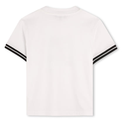 Organic Cotton Short Sleeve T-Shirt with Printed Front and Striped Sleeve Detail