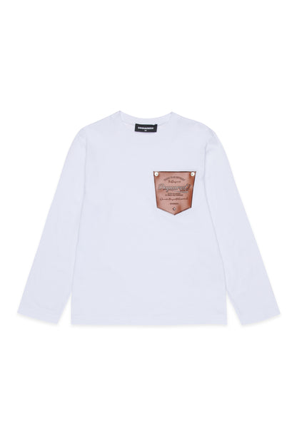 White Long Sleeve T-Shirt with Contrast Pocket for Kids