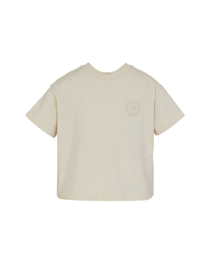 Beige Cotton Short Sleeve T-Shirt with Logo and Button Closure