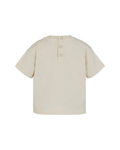 Beige Cotton Short Sleeve T-Shirt with Logo and Button Closure