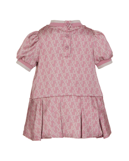 Viscose Dress with All-Over Logo Print and Pleated Skirt