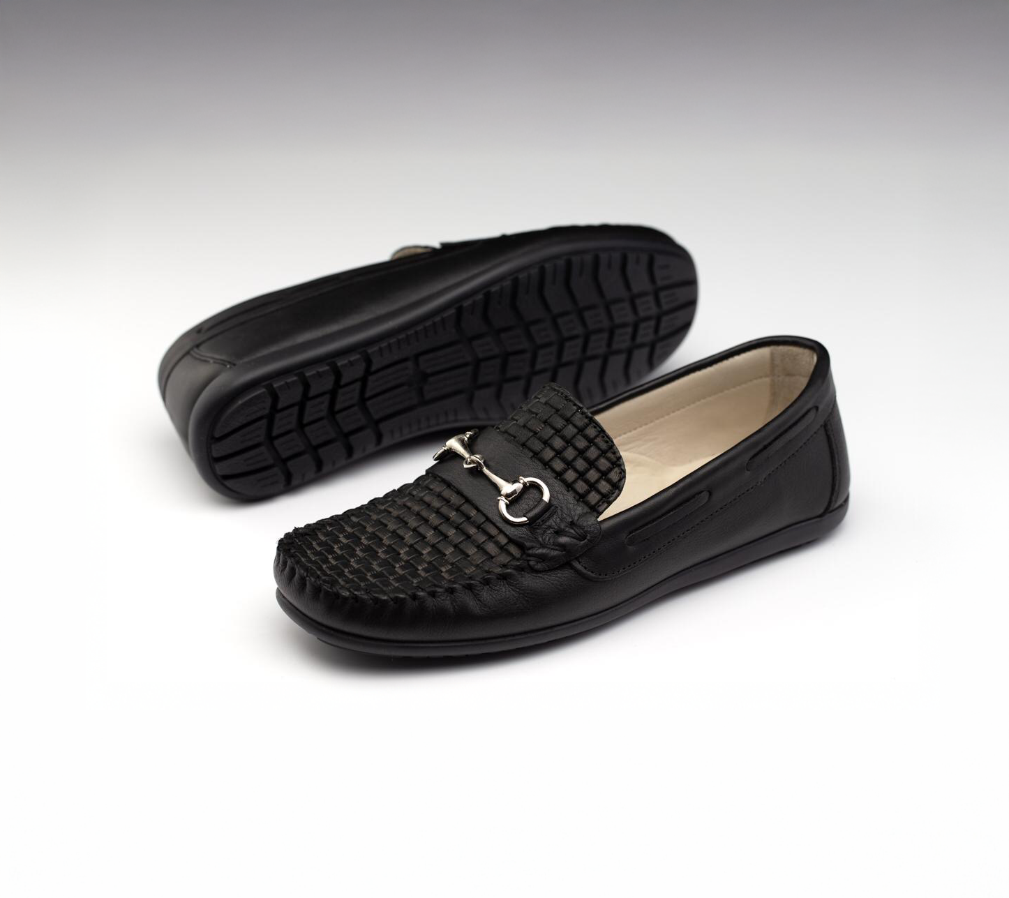 Kids Black Woven Leather Loafers With Metal Detail