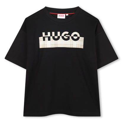 Black Organic Cotton Short Sleeve T-Shirt with Split Logo and All-Over Print Background