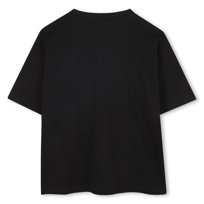 Black Organic Cotton Short Sleeve T-Shirt with Split Logo and All-Over Print Background