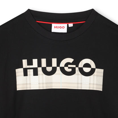 Black Organic Cotton Short Sleeve T-Shirt with Split Logo and All-Over Print Background