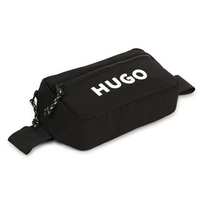Black Matte Waist Bag with Branded Print and Adjustable Jacquard Strap