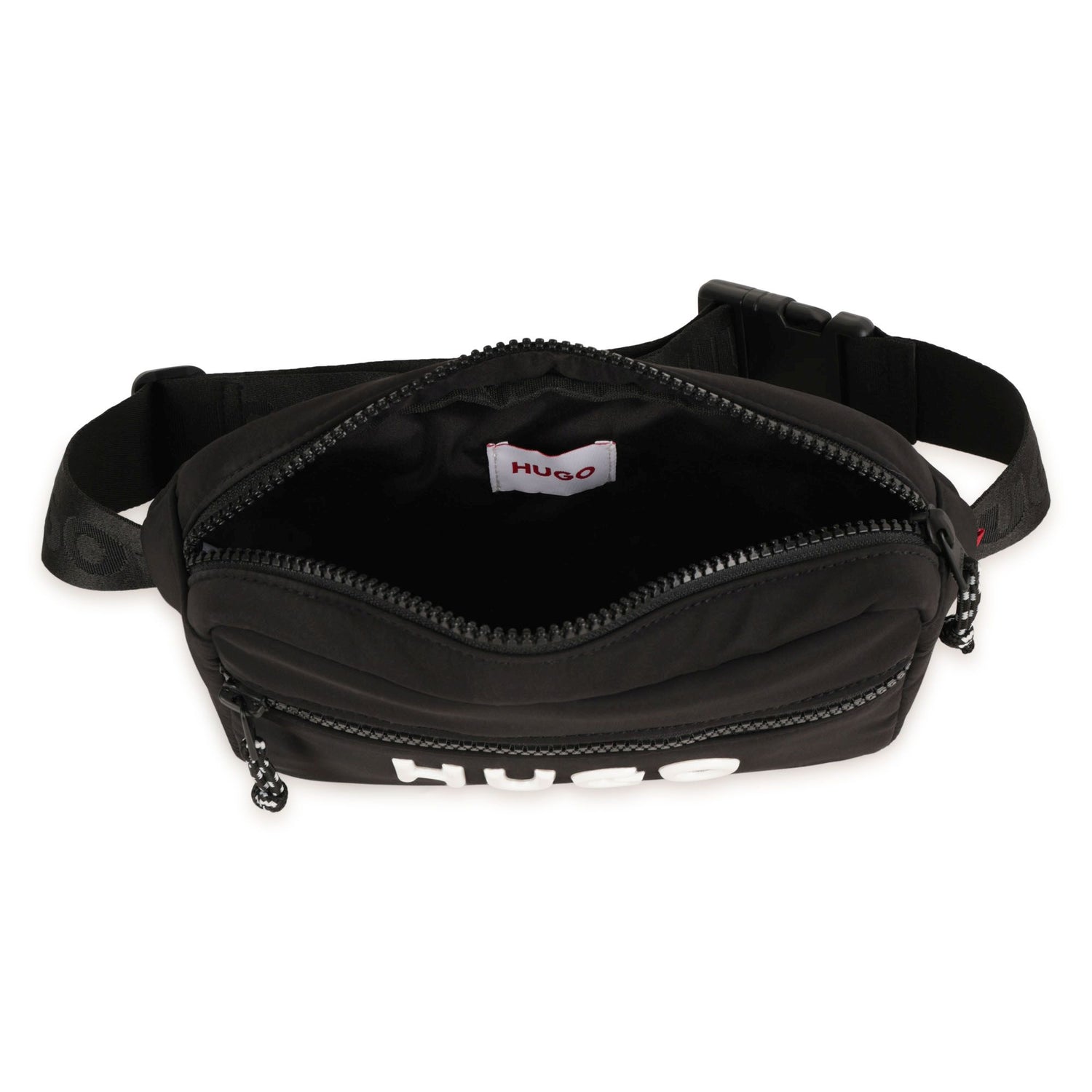 Black Matte Waist Bag with Branded Print and Adjustable Jacquard Strap