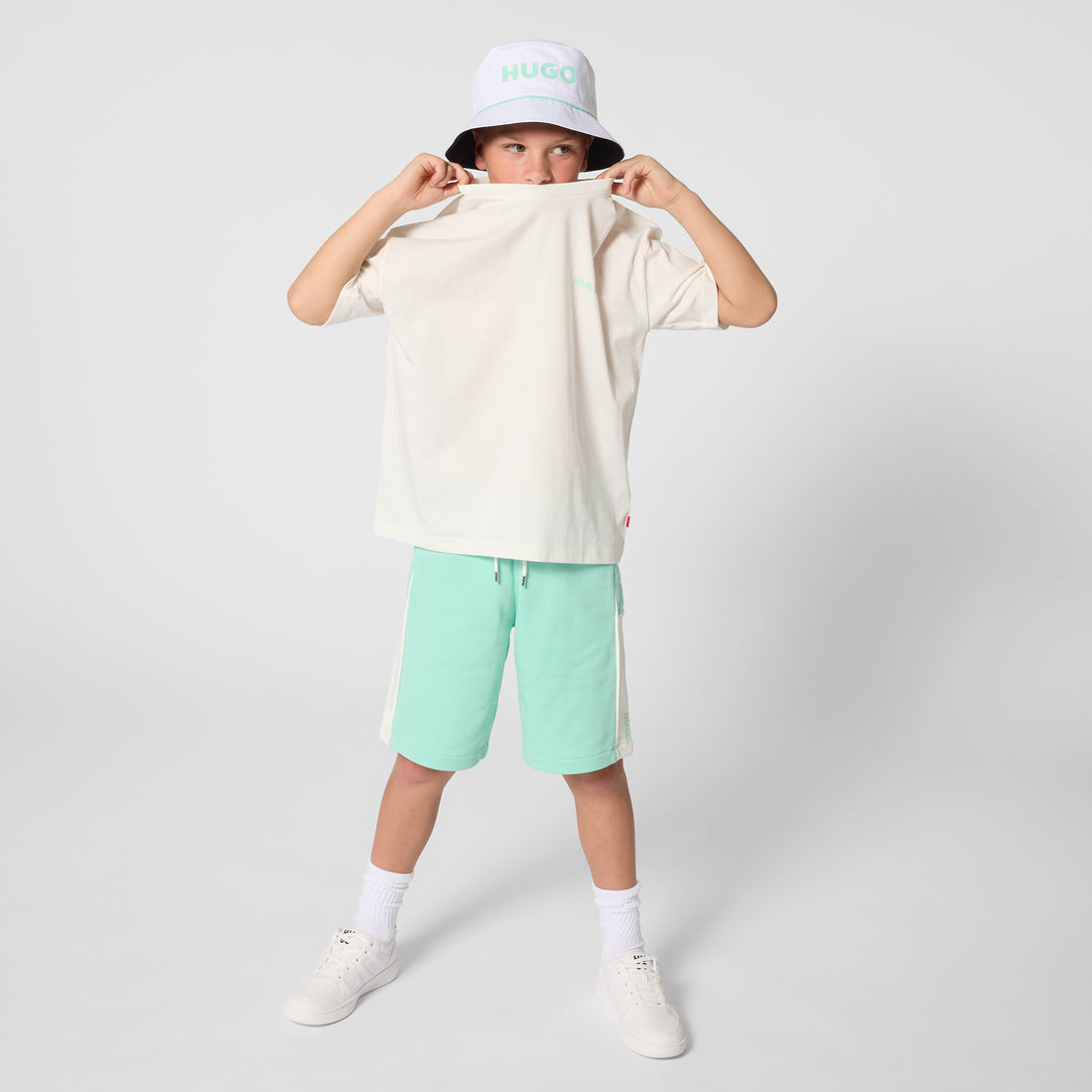 Cotton Blend Fleece Jogger Shorts With Colour Block Panels, Mint Green Hugo