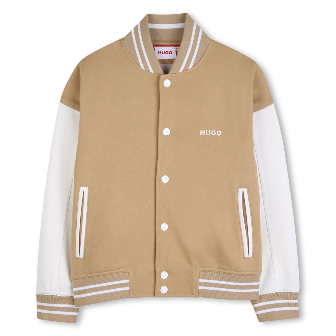 Teddy Style Varsity Jacket With Contrast Sleeves And Press Studs, Beige And White Hugo