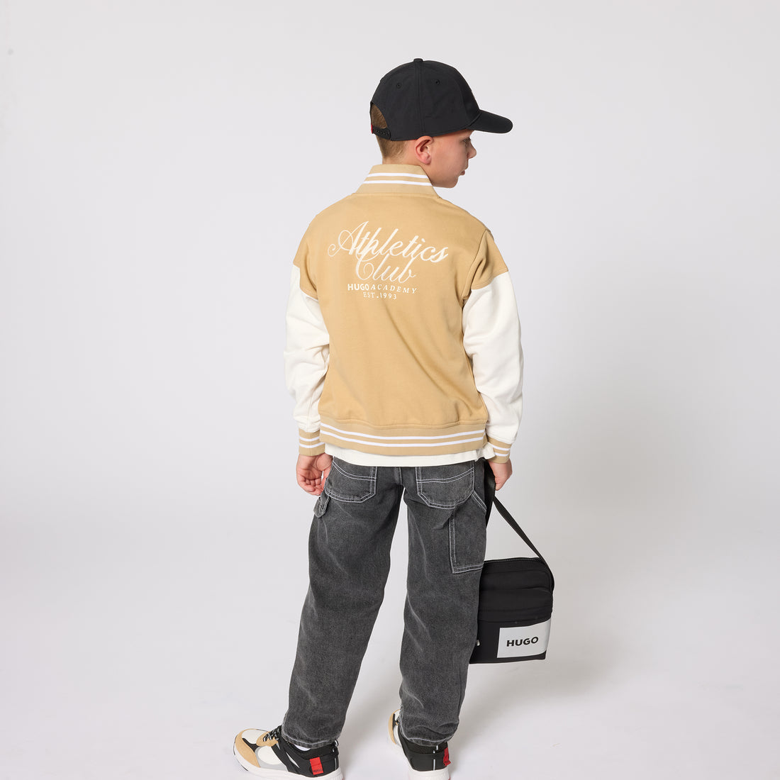 Teddy Style Varsity Jacket With Contrast Sleeves And Press Studs, Beige And White Hugo