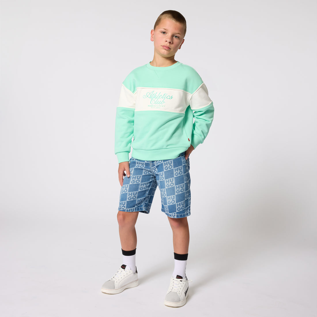 Cotton Blend Fleece Sweatshirt With Colour Block Panels, Mint Green Hugo