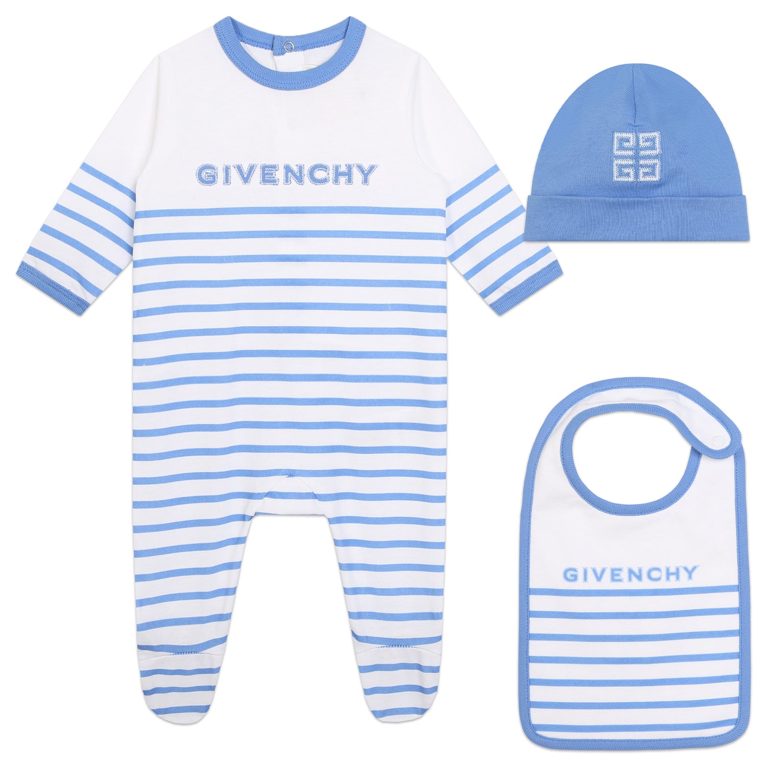 Striped PJs, Bib, and Hat Set