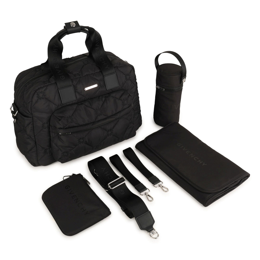 Black Quilted Nylon Changing Bag Set with Mat and Bottle Holder