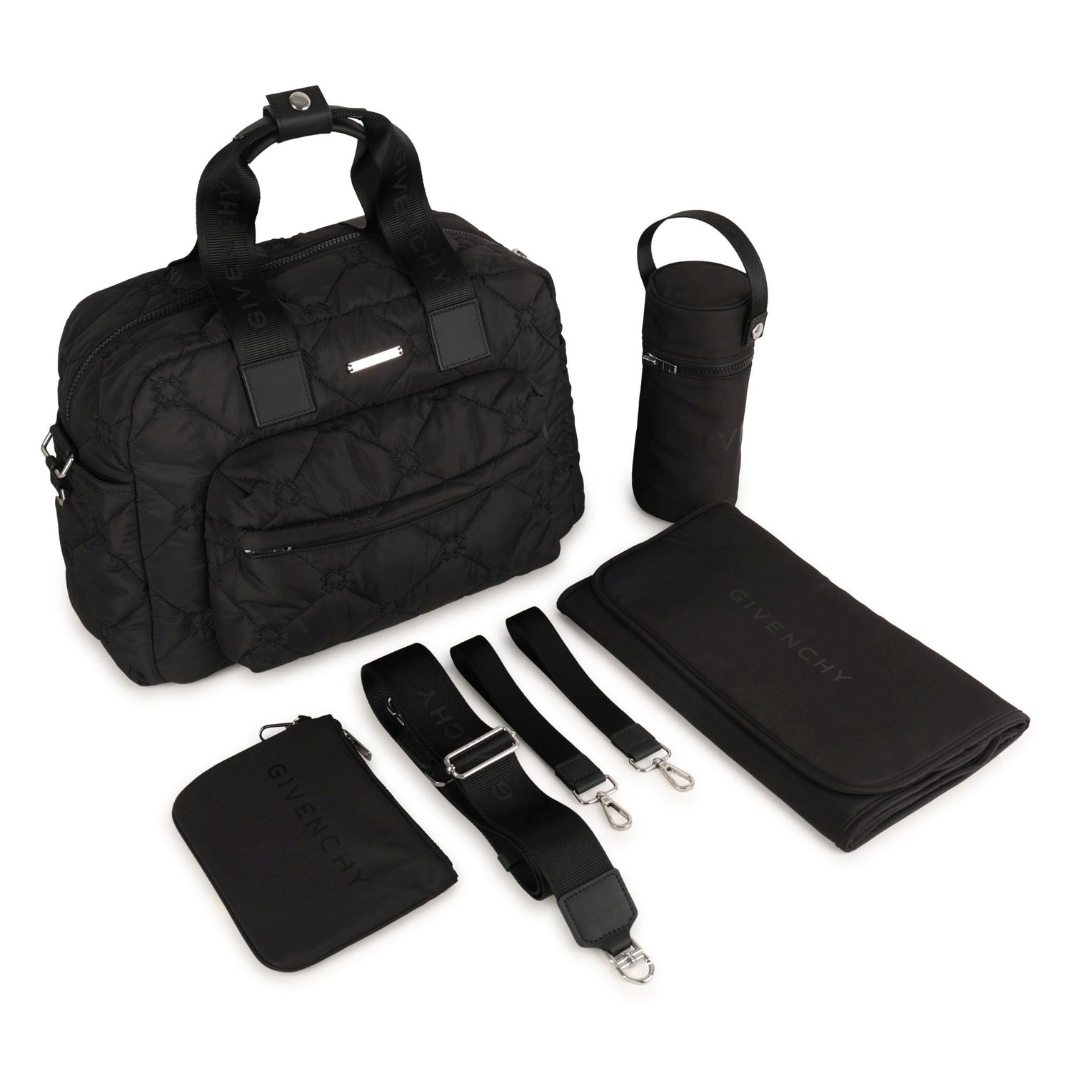 Black Quilted Nylon Changing Bag Set with Mat and Bottle Holder
