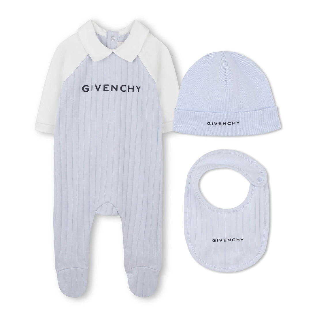 Marshmallow and Pale Blue Cotton Pyjama, Bib and Hat Set with Givenchy Logo