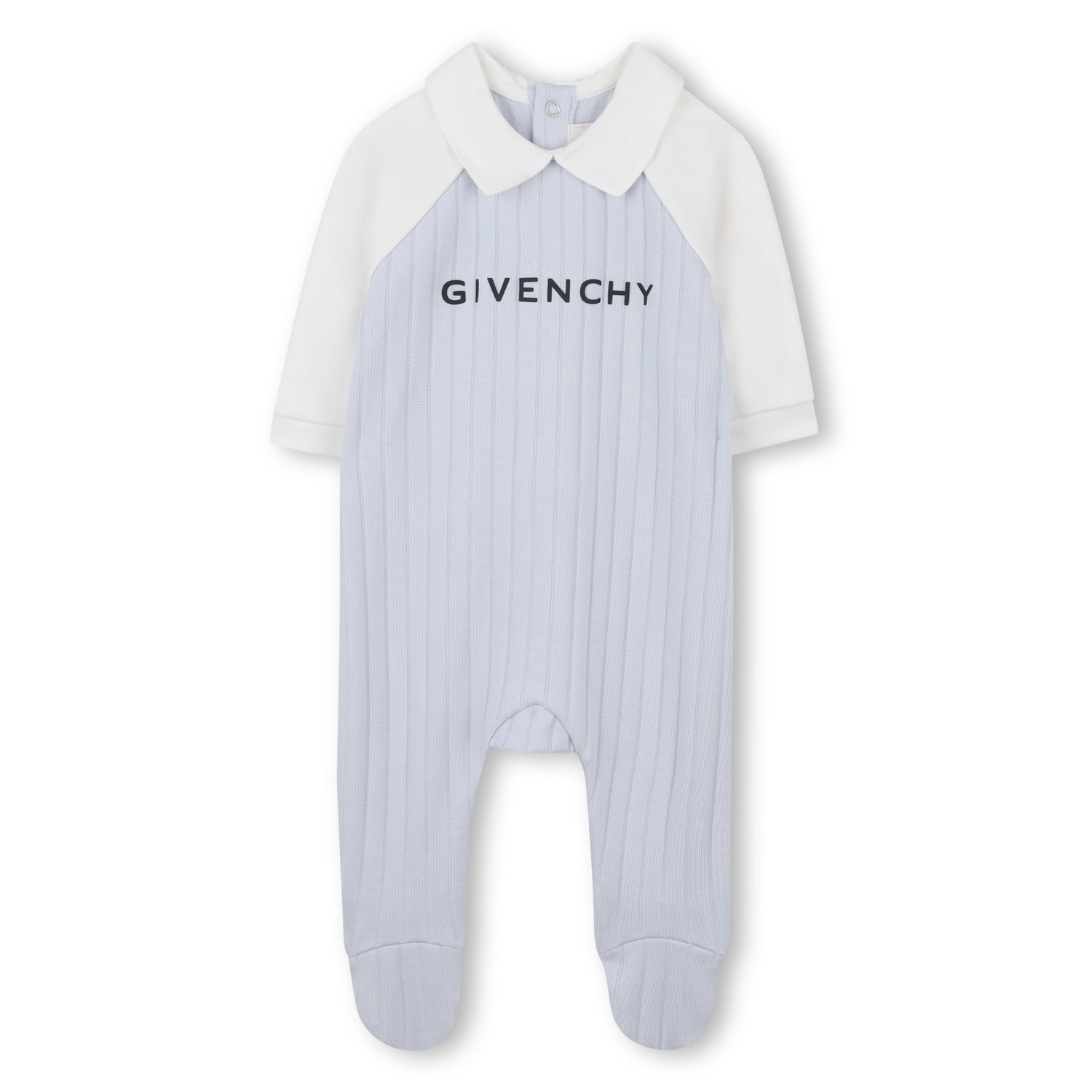 Marshmallow and Pale Blue Cotton Pyjama, Bib and Hat Set with Givenchy Logo