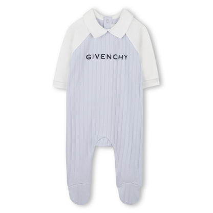 Marshmallow and Pale Blue Cotton Pyjama, Bib and Hat Set with Givenchy Logo