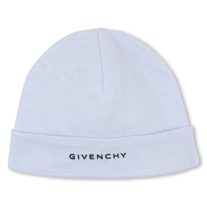 Marshmallow and Pale Blue Cotton Pyjama, Bib and Hat Set with Givenchy Logo