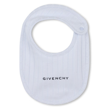 Marshmallow and Pale Blue Cotton Pyjama, Bib and Hat Set with Givenchy Logo