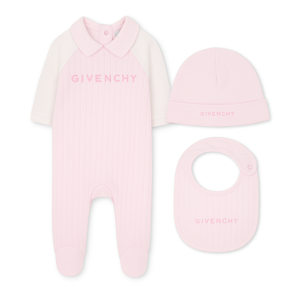 Marshmallow and Pale Blue Cotton Pyjama, Bib and Hat Set with Givenchy Logo