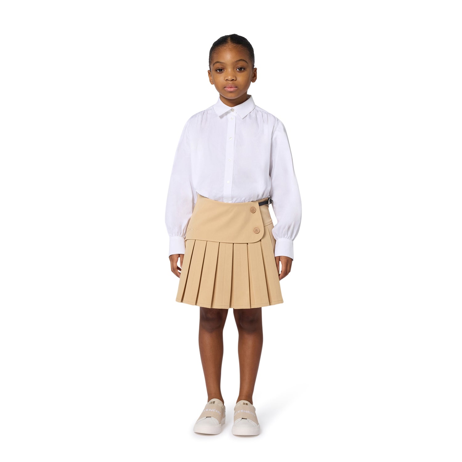 Pleated Twill Skirt with Adjustable Waist and Belt Detail