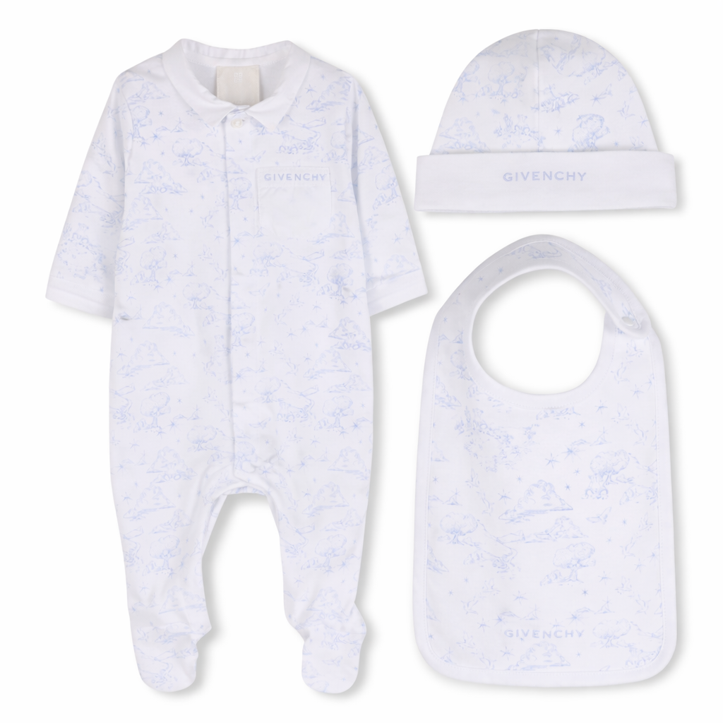 Baby clothing set with onesie, bib, and hat on a white background