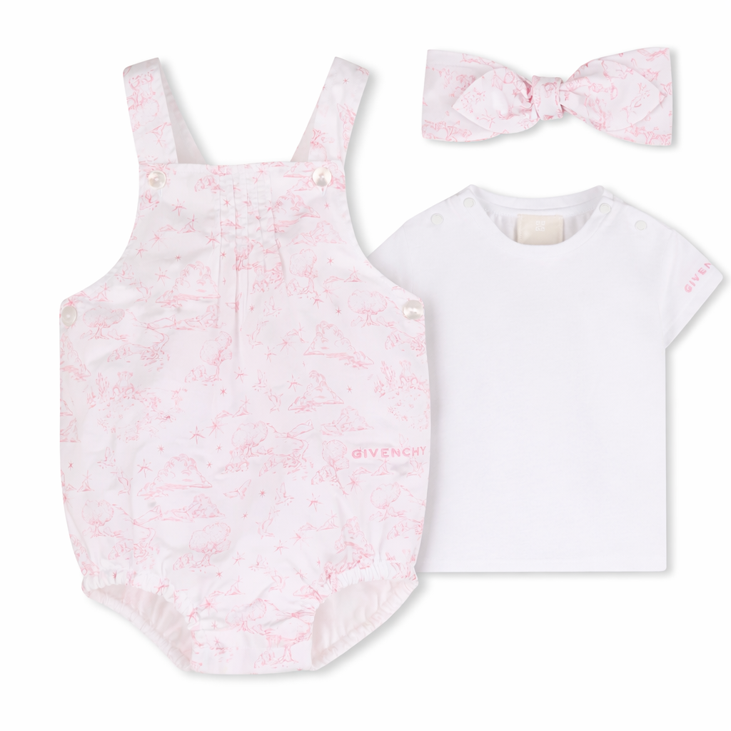 Cotton Tee Shirt and Poplin Overalls Set with Toile de Jouy Print and Headband Givenchy
