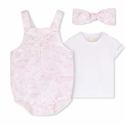 Cotton Tee Shirt and Poplin Overalls Set with Toile de Jouy Print and Headband Givenchy