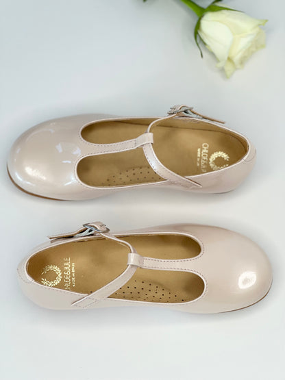 Chloe &amp; Jule T-Bar Mary Jane Metallic Pearl Pink Patent Leather