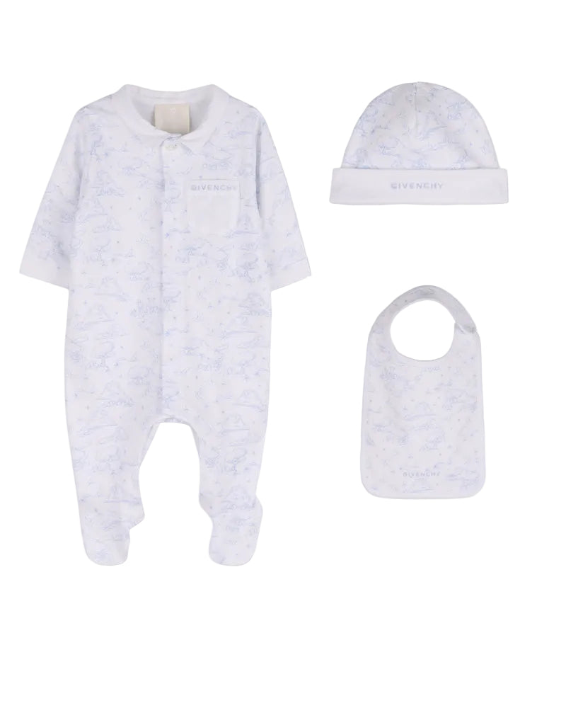 Cotton Interlock Pyjama Set with Toile de Jouy Print, Hat and Bib Givenchy