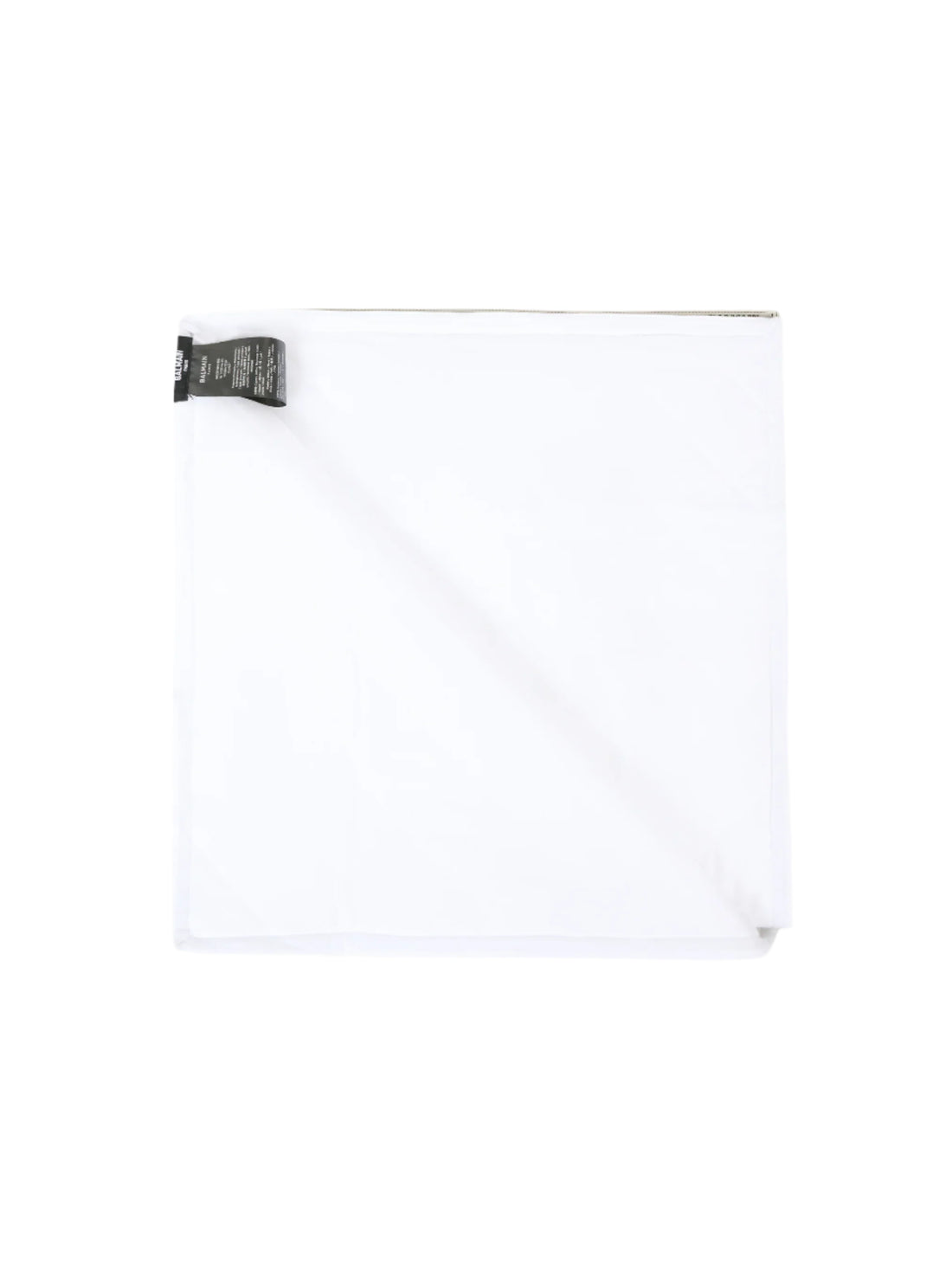 White shirt with a black tag on a white background