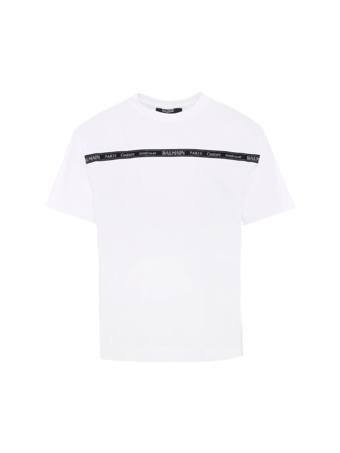 White t-shirt with black waistband on a white background