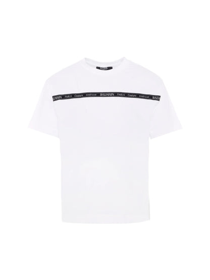 White t-shirt with black waistband on a white background