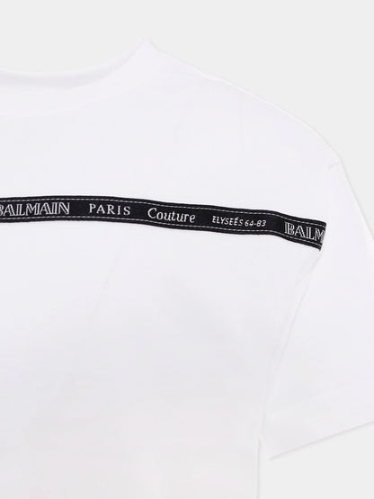 Kids’ Cotton Crew-Neck Tee with Balmain Paris Logo Print