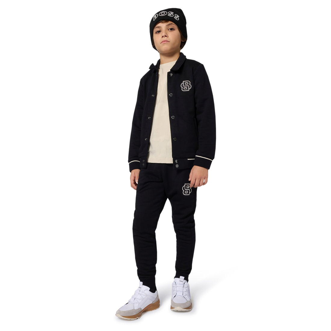 Black Varsity-Style Cotton Cardigan for Boys