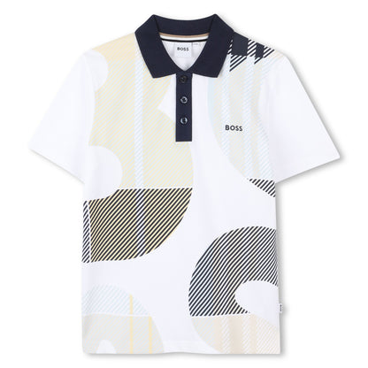 Cotton Piqué Short Sleeve Polo with All-Over Print and Logo