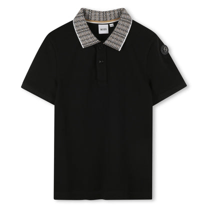 Cotton Piqué Short Sleeve Polo with Jacquard Collar and Logo Badge