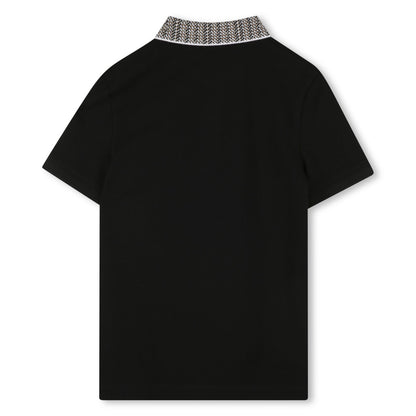Cotton Piqué Short Sleeve Polo with Jacquard Collar and Logo Badge