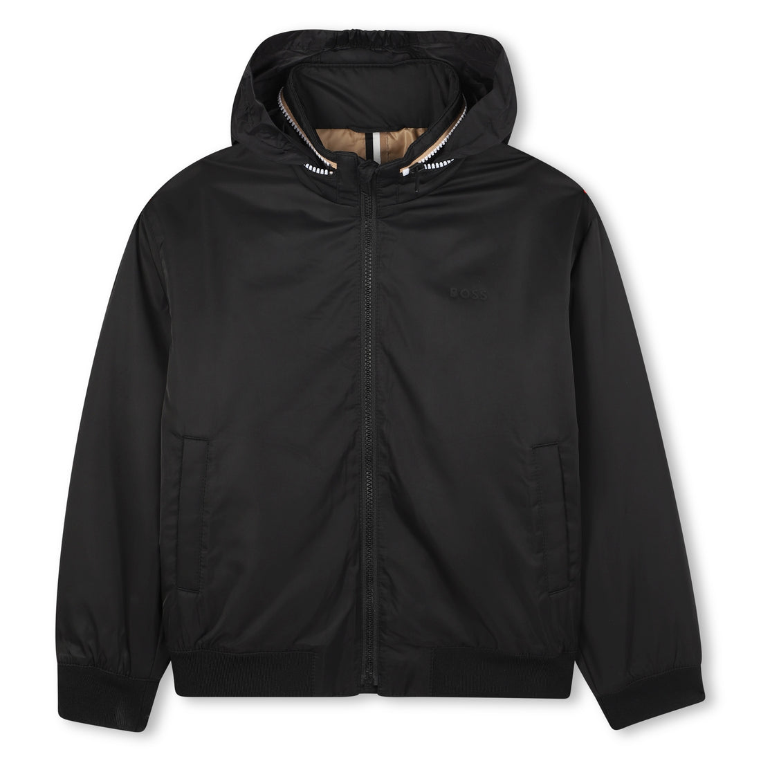 Polyester Jacket with Stand-Up Collar, Hidden Hood and Logo Print